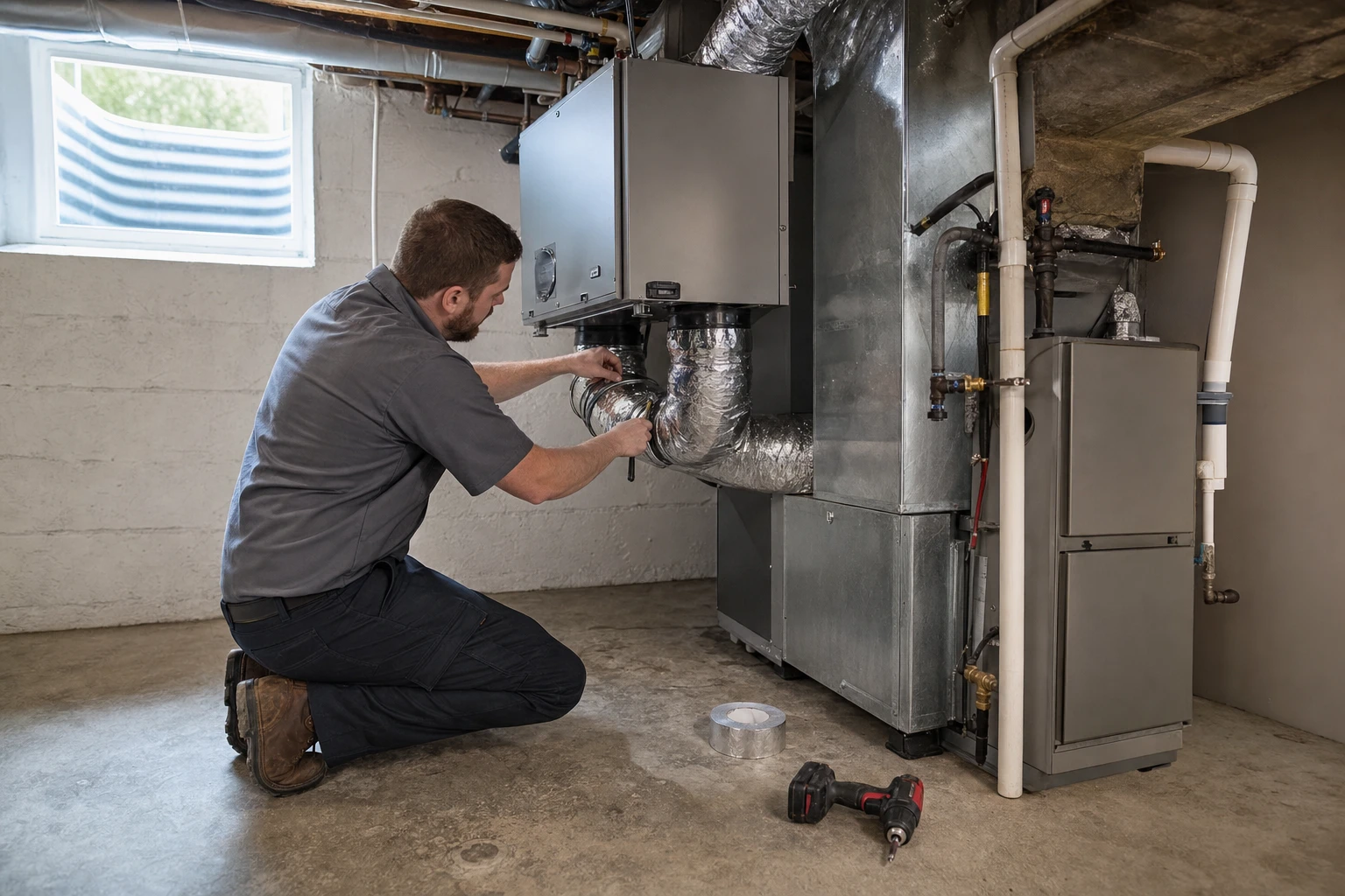 A technician connecting a whole-home energy recovery ventilator to the ductwork beside a furnace in a Southwest Ohio basement
