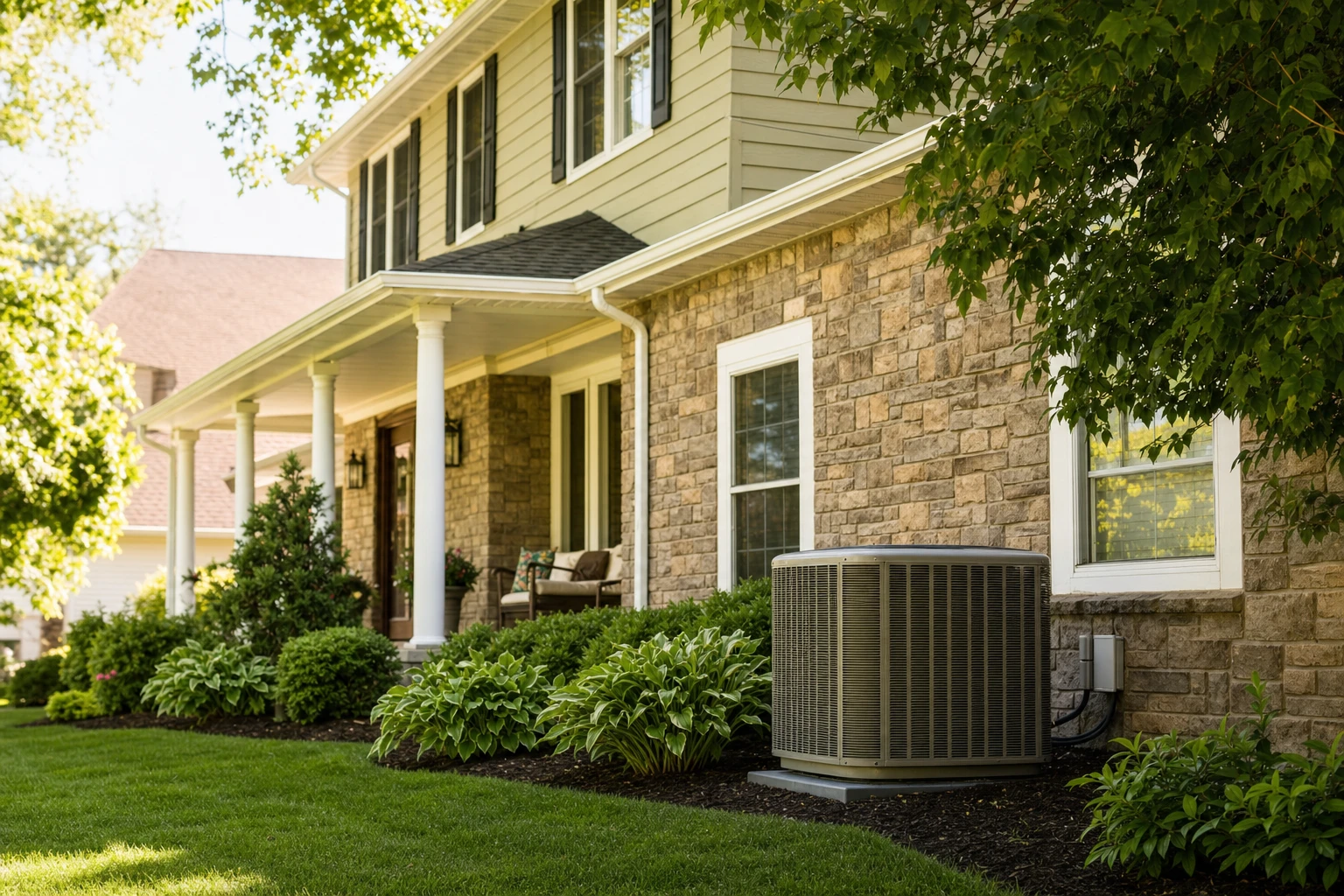 A comfortable Montgomery, Ohio home in a tree-lined neighborhood on a summer day with its HVAC system running