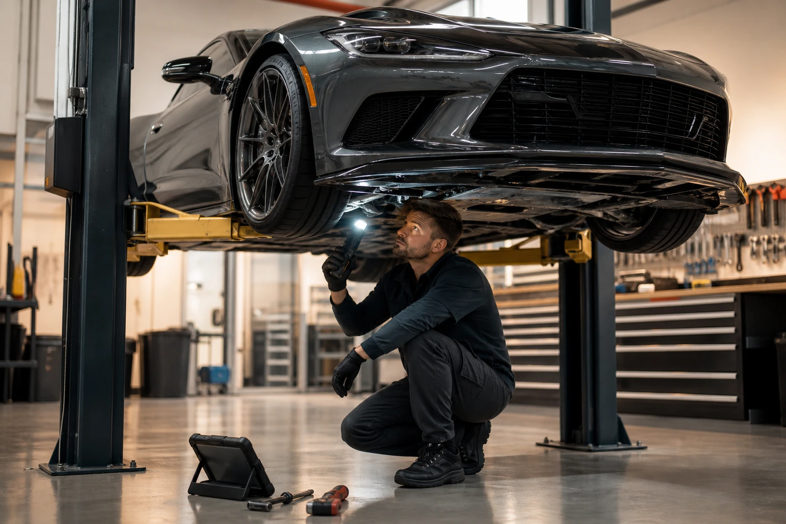 A high-performance European sports car raised on a lift while a mechanic inspects the undercarriage with a drop light at a Manchester, NH repair shop.