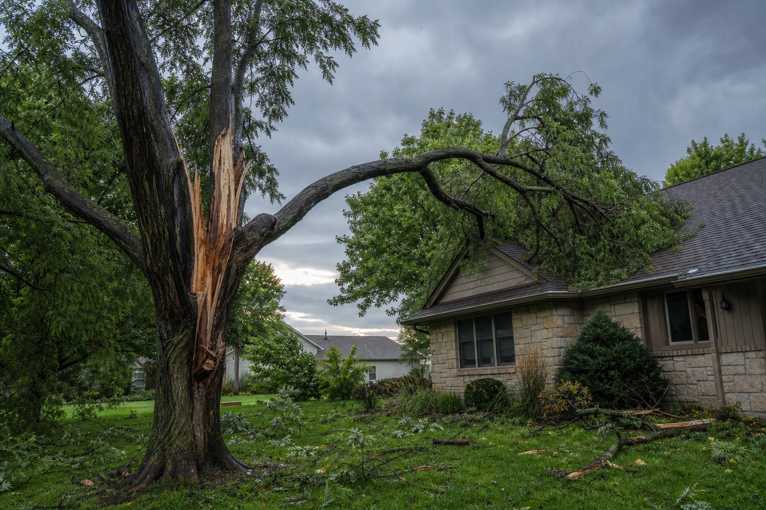 Storm-damaged tree with a split trunk leaning over a Wichita, KS home after severe weather
